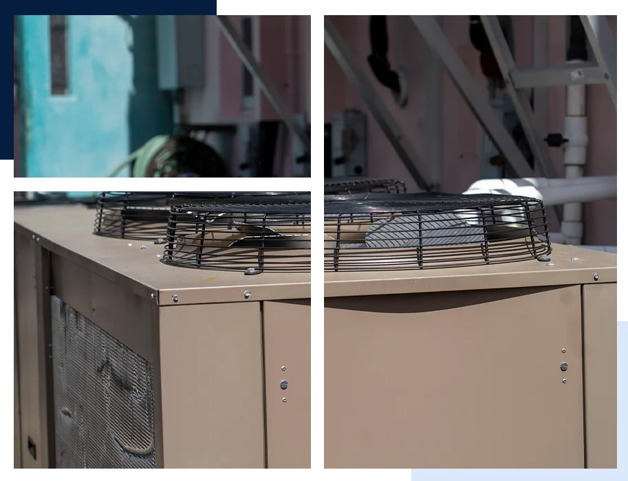 A fan is sitting on top of the cabinet.